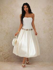 SHEIN PETITE Damen Aprikot Elegantes romantisches modernes Abendkleid für Dates, Dinner und den täglichen Gebrauch, tailliert, gerafft, trägerlos, Frühling/Sommer - Beige - Übersicht 7