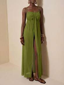 Zivah 2026 休闲海滩度假优雅薄纱雪纺连衣裙，绿色罩衫，前褶设计，高开衩 - 黑色 - 查看 3