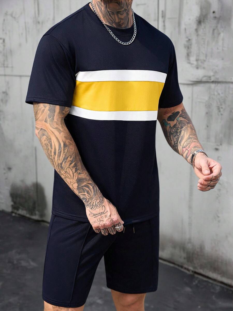Manfinity Homme Bộ áo thun nam màu xanh hải quân mùa xuân/hè dành cho người trưởng thành. - Nhiều màu - Xem 1
