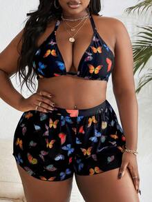 Slaydiva 2025 Plus Size Women's Vacation Butterfly Print Halter Tie Sexy Bikini 3-Piece Set With Shorts Summer - Multicolor - View 6