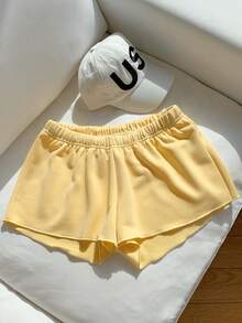 Comfortcana 大码纯色弹力腰宽松休闲百搭短裤，柔软舒适，适合春夏穿着，黄色 - 黃色 - 查看 10