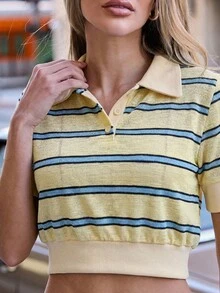 Hauture Blusa casual de mujer con cuello polo a rayas y manga corta - Amarillo - Ver 2