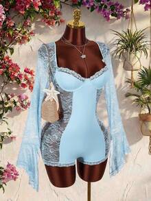Amplova 性感撞色蕾丝收腰女士吊带连体裤，配长喇叭袖和透视侧片 - 淺藍色 - 查看 6
