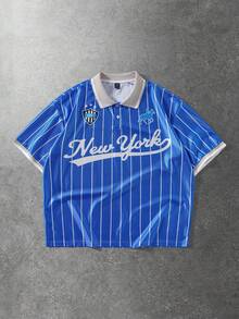 ROMWE MEN Men's Casual Letter & Striped Print Short Sleeve Polo Shirt - Blue - View 1