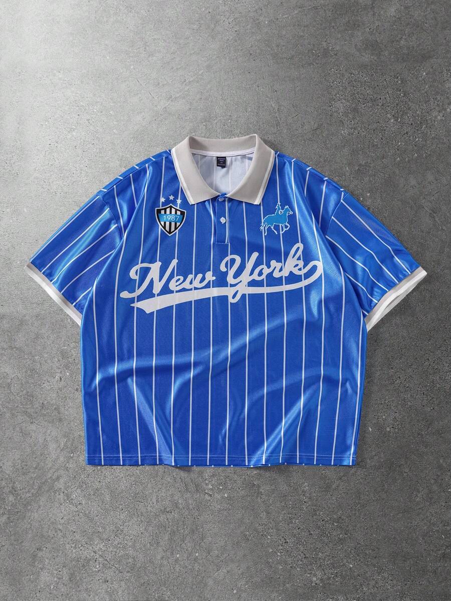 ROMWE MEN Men's Casual Letter & Striped Print Short Sleeve Polo Shirt - Blue - View 1