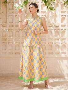 LOTSLUV 女士黄色碎花撞色绿色印花圆领无袖低腰开衩宽松印花连衣裙，春夏款 - 黃色 - 查看 5