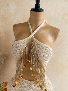 Soleia Đầm len nữ kiểu dáng khoét rỗng, đính tua rua và sequin. - Màu Khaki - Xem 4