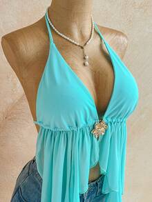 Soleia Women's Vacation Asymmetric Hem Halter Neck Camisole In Light Blue - Baby Blue - View 5