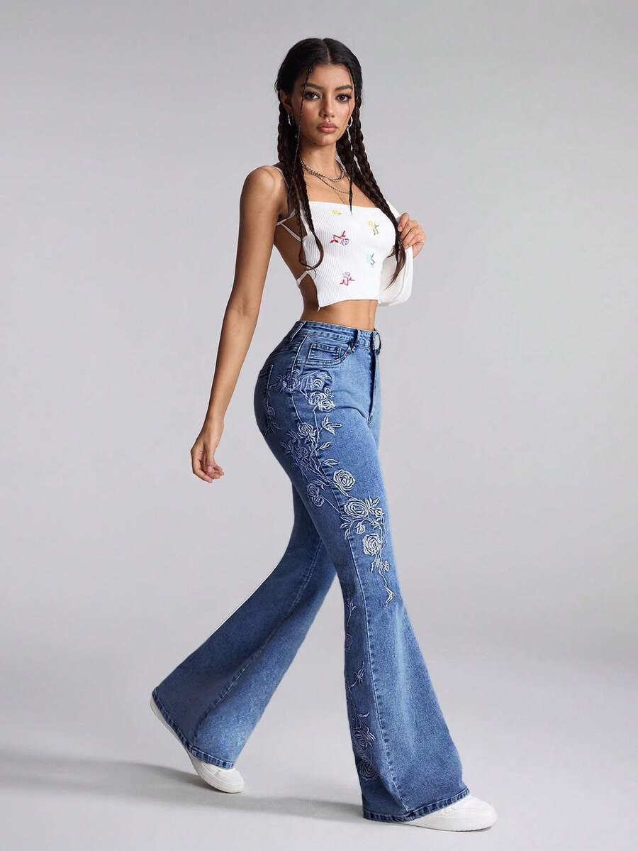 SHEIN ICON Women Floral Pattern Casual Jeans - Medium Wash - View 1
