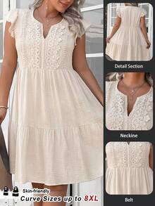 SHEIN CURVE+ Plus Size Women's Contrast Lace Cap Sleeve Solid Color Fashion Dress, Suitable For Summer Vacation Style, Bohemian - Apricot - View 2