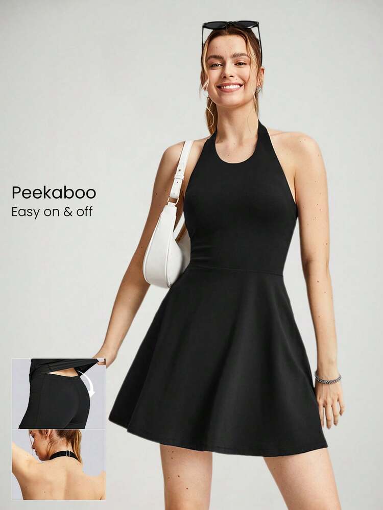 FeatherFit™-Air Peekaboo Halter-Neck Dress Adjustable Non-Slip Pocket Low Impact Light Support Daily Casual Summer Quick Dry Moisture Wicking