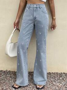 Livesso 女士休闲日常花卉刺绣口袋纽扣喇叭裤 - 藍色 - 查看 1