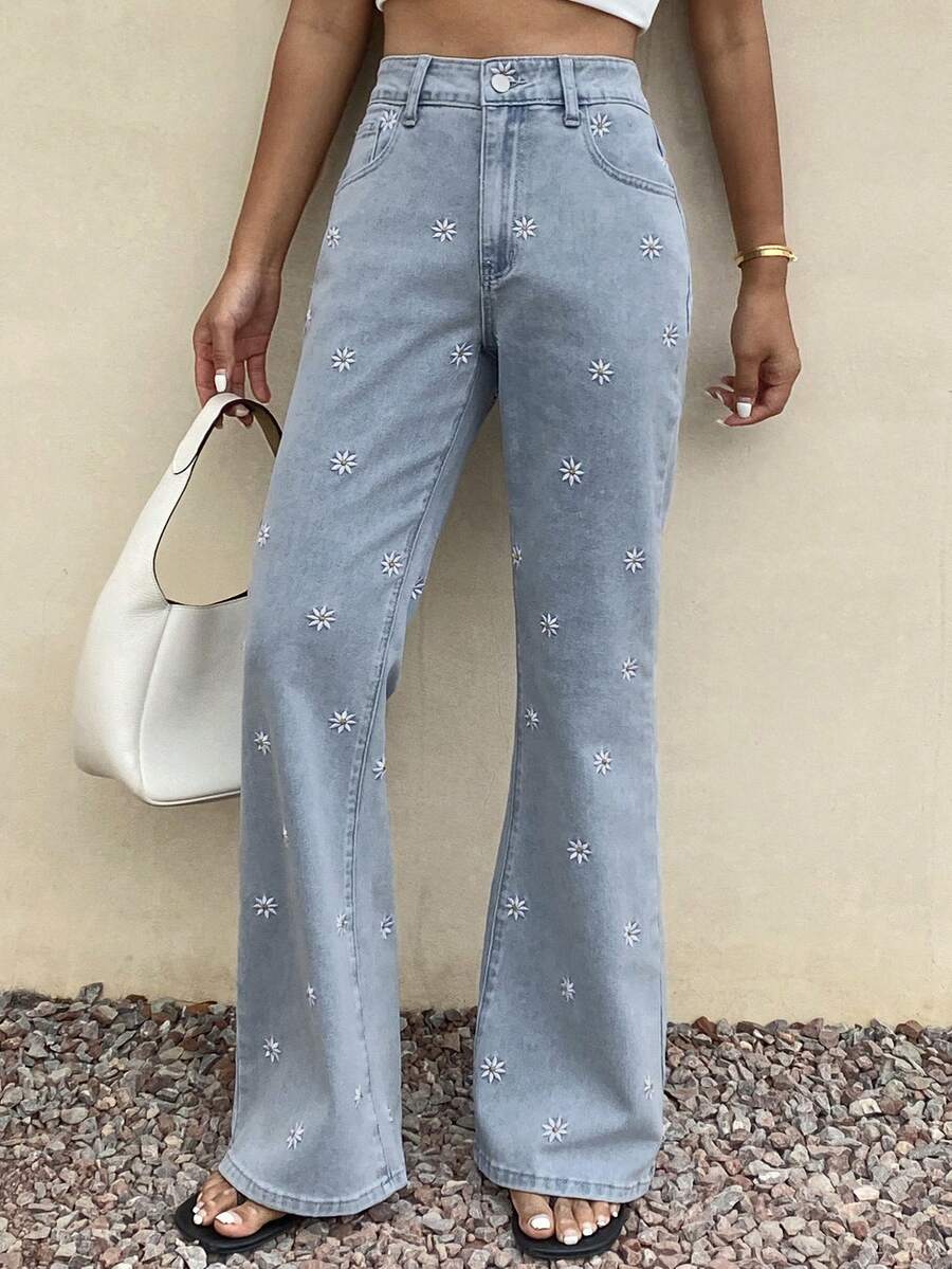 Livesso 女士休闲日常花卉刺绣口袋纽扣喇叭裤 - 藍色 - 查看 1