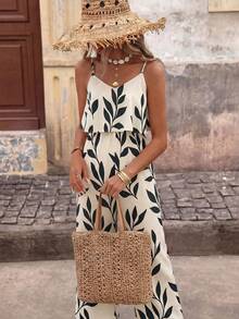 Breezaya French Romantic Black & White Leaf Print Set - Double Layer Camisole Top + High Waist Wide Leg Pants, Botanical Print Casual Jumpsuit - Apricot - View 3
