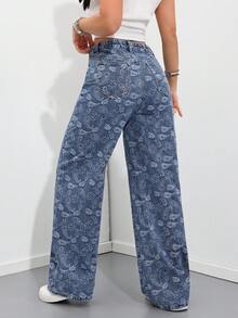 Jeanoix Quần jeans ống rộng dáng rộng thoải mái in họa tiết hạt điều dành cho nữ, có túi. - Màu xanh lam - Xem 2