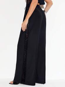 Femmeiva Pantalon de costume noir pour femme, pantalon ample avec design patchwork en dentelle - Noir - Voir 2