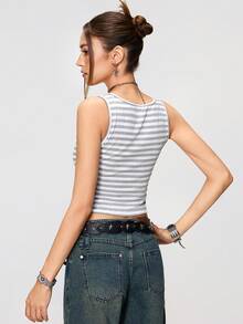 INAWLY Sommer Neu Sexy Spitze Dekor Mehrschichtig Knopf Grau Gestreift Metall Knopf Kurzes Top, Y2K Stil Top, Damen Resort Tragen, Strand Tank, Damen Strand Outfit, Sommer Top, Sommer Outfit, Grau Top - Aprikosenfarben - Übersicht 6