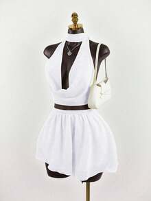 Lyxana 2pcs/Set Women's Sexy Hollow Out Cropped Halter Top And Mini Skirt Club Night White Summer - White - View 3