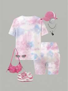 SHEIN Explorewe Girls' Knitted Digital Print Cute Cartoon Tie-Dye Top And Pants 2 Pieces Set,Lavender Summer Vacation Comfortable Skin-Friendly Fabric Daily Wear - Pink - View 2