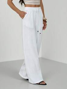 SHEIN Tall Pantalones blancos de algodón 100% lavados, de estilo minimalista básico bohemio, para conciertos de verano, salidas y playa - Blanco - Ver 7