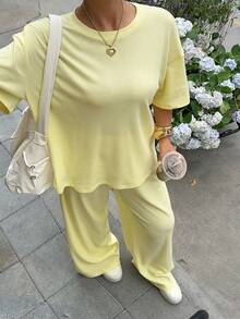 Muchica Plus Size Women's Solid Color Round Neck Short Sleeve T-Shirt And Casual Pants 2-Piece Set - Pale Yellow - View 6