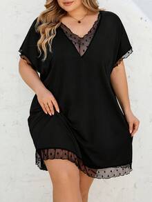 SHEIN CURVE+ 大码女式网纱拼接黑色连衣裙，宽松黑色连衣裙，情人节连衣裙 - 黑色 - 查看 4