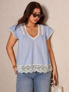 Elaquor Plus Size Summer Casual Striped Contrast Lace Tie Back Shirt - Blue - View 3