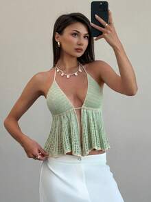 Aloruh Áo yếm buộc dây đi biển mùa hè móc len, màu hồng cho nữ - Màu xanh Bạc hà - Xem 7