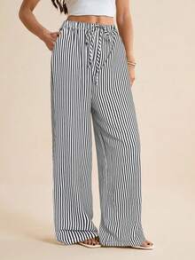 SHEIN Tall Casual Knotted Elastic Waist Striped Women Pants - Black and White - View 5