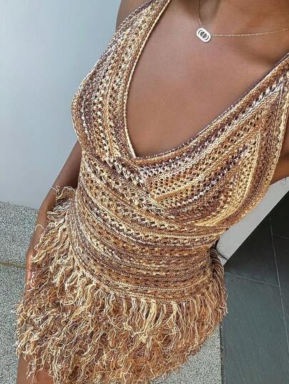 Mima John Soleia 女士复古美拉德印花流苏下摆 V 领露背迷你连衣裙，适合邮轮、度假、约会、下午茶、派对、夜店、海滩、海岛度假村、公路旅行、嬉皮士风格、音乐节、婚礼季、波西米亚风海滩度假等场合，可内穿或外穿，适合所有季节。