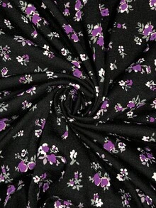 SHEIN Clasi 女士新款时尚优雅V领碎花装饰纽扣中长连衣裙，短袖，适合日常通勤和工作穿着，夏季 - 紫色 - 查看 7