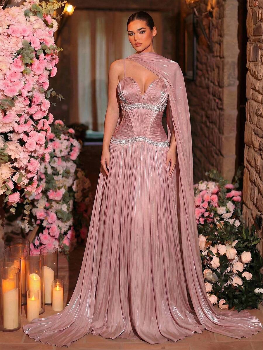 Glamrae 优雅浪漫时尚的欧根纱手工褶皱水钻链条装饰A字型优雅派对礼服，婚礼宾客礼服，绿色礼服，时尚优雅的婚礼宾客正式晚礼服 - 藕粉色 - 查看 1
