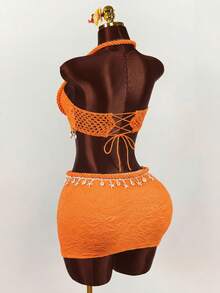 Amplova Rope, Starfish & Shell Pendant Decor Crop Top & Mini Skirt 2 Pieces Set,Vacation Outfits Women - Orange - View 7