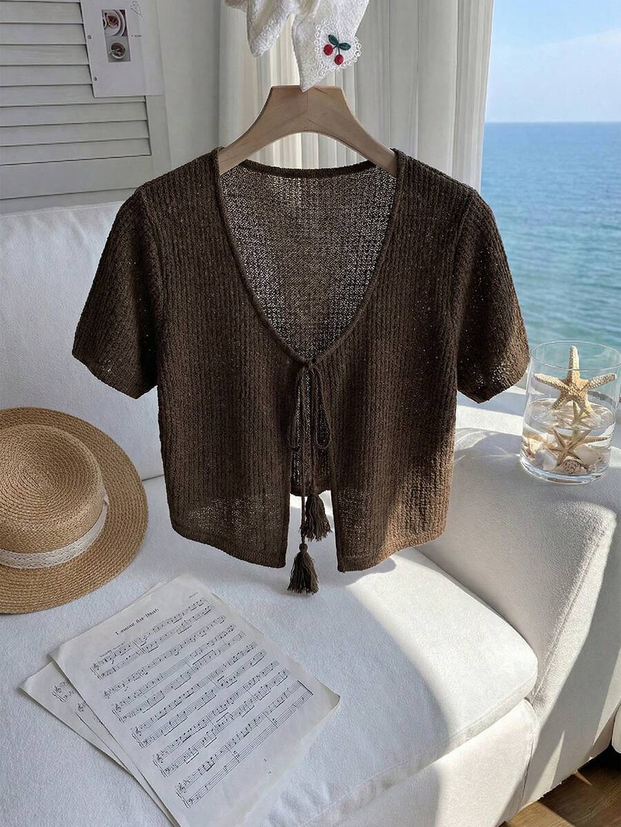 Comfortcana 大码棕色短袖休闲短款开衫 - 棕色 - 查看 1