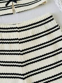 SHEIN 少女棕白条纹针织纹理无袖露脐上衣和宽松短裤两件套度假休闲套装，春夏款 - 彩色 - 查看 6