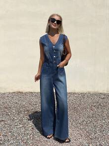 DAZY Bộ áo liền quần denim không tay dáng rộng dành cho nữ, kiểu dáng thường ngày, chất liệu denim đã qua xử lý. - Màu xanh lam - Xem 1