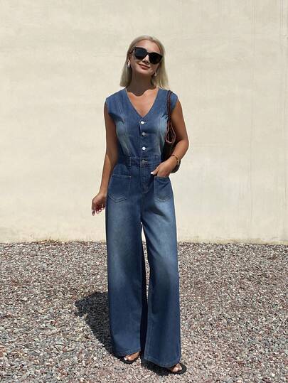 DAZY جمبسوت جينز كاجوال بلا أكمام مغسولة للنساء