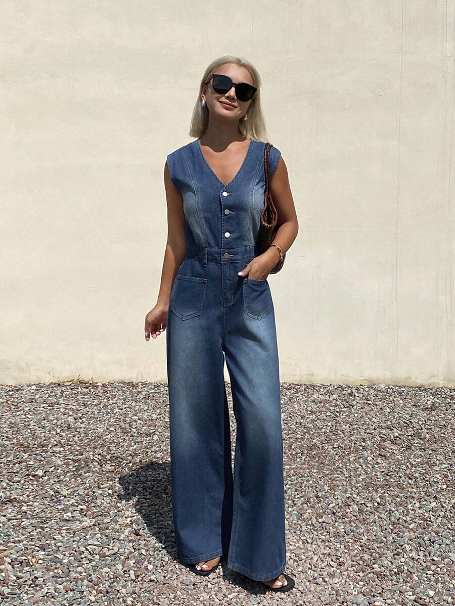 DAZY Bộ áo liền quần denim không tay dáng rộng dành cho nữ, kiểu dáng thường ngày, chất liệu denim đã qua xử lý. - Màu xanh lam - Xem 1