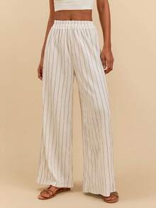 Travachic Quần ống rộng dáng suông, cạp chun, họa tiết kẻ sọc, thích hợp mặc đi nghỉ mát và đi làm, dành cho nữ. - Màu be - Xem 5