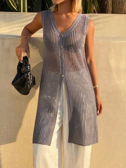 DAZY Áo khoác cardigan dệt kim mỏng, không tay, cổ chữ V, màu trơn, kiểu dáng thường ngày, thích hợp cho kỳ nghỉ hè, dành cho nữ.