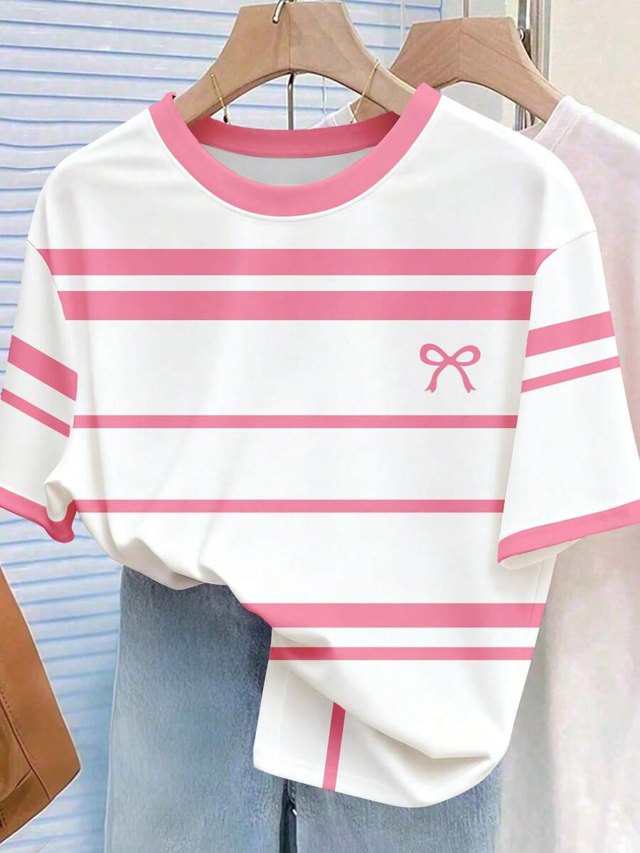 SHEIN Girls' Casual Vintage Pink Striped & Bow Print Round Neck Short Sleeve T-Shirt, Comfortable Summer & Autumn Style Suitable For Daily Wear - Multicolor - View 1