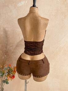 Soleia Women's Vintage Boho Textured Halter Neck Backless Tank Top,All Shades Of Brown Summer Holiday Music Festival Night Out Club Outfit With Zip Lining - Brown - View 2