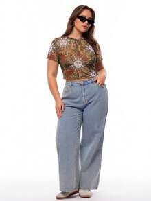 Solavibe 大码佩斯利花纹和太阳图案网眼短款上衣 - 棕色 - 查看 4