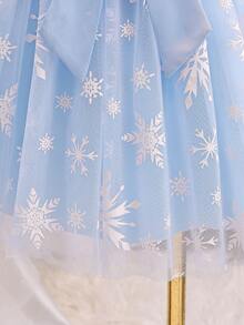 女童甜美泡泡袖花卉印花公主風網紗洋裝，適合婚禮花童、生日派對、舞台表演，優雅大蝴蝶結裝飾 - 藍色 - 查看 5