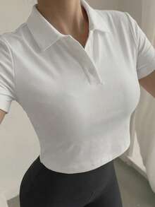 Livesso Women's Casual Versatile Solid Color Short Sleeve Polo Neck Loose T-Shirt Summer,Business Casual Women - White - View 10