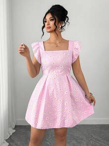 Vestido de línea A con cuello cuadrado y mangas abullonadas con estampado floral de margaritas para mujer de talla grande, vestido de mangas abullonadas con estampado de margaritas a rayas azules retro y dulce, vestido corto de verano con cuello cuadrado y mangas cortas con estampado floral pequeño, adecuado para uso diario, compras o reuniones con amigos - Rosa Pálido - Ver 5