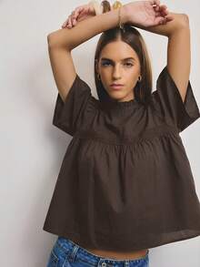 Nuevo 2026 Blusa de mujer de unicolor con pliegues, de uso versátil y casual, con mangas de pétalos - Blanco - Ver 11