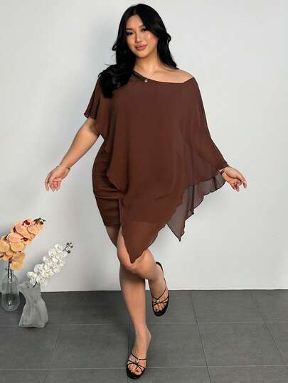 Firerie Women's Elegant Casual Urban Chic Commute Beach Holiday Wedding Guest Daily Comfortable Asymmetric Chiffon Sheer Brown Mini Dress, Suitable For Spring/Summer