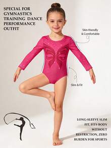 Sparklyn 1pc Girls' Fuchsia Butterfly Print Gymnastics Leotard, Professional Training & Competition, 3/4 Sleeve, Suitable For All Seasons Fall Winter - Hot Pink - View 5