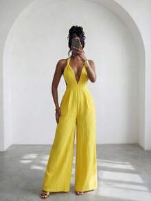 Slaydiva Mùa xuân mới, Lễ hội âm nhạc Xuân Hè, Ngày Valentine, Lễ Phục Sinh, Mùa cưới, Mùa lễ hội, Kỳ nghỉ biển, Thường ngày, Thanh lịch, Đi làm, Mặc hàng ngày, Trang phục công sở, Kỳ nghỉ, Tiệc tùng, Du thuyền, Tiệc tùng, Cơ bản, Hẹn hò hàng ngày, Cổ chữ V sâu, Dây buộc cổ, Thắt nơ, Thiết kế thắt nút, Quần ống rộng hở lưng, Quần siêu dài màu vàng, Bộ áo liền quần nữ -A - Màu vàng - Xem 3